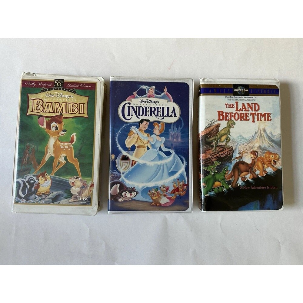 Lot Of 3 Disney VHS Bambi Cinderella Land Before Time Clamshell